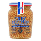 A 210g jar of Grey Poupon Prepared Wholegrain Mustard, featuring blue, white, and red labeling and a sealed lid.